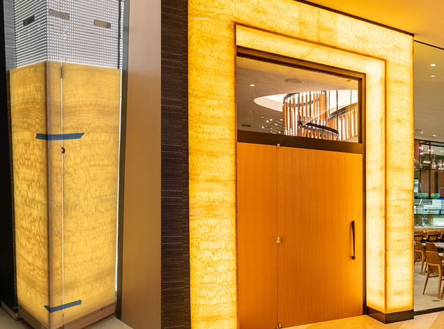 Honey onyx feature display wall, backlit